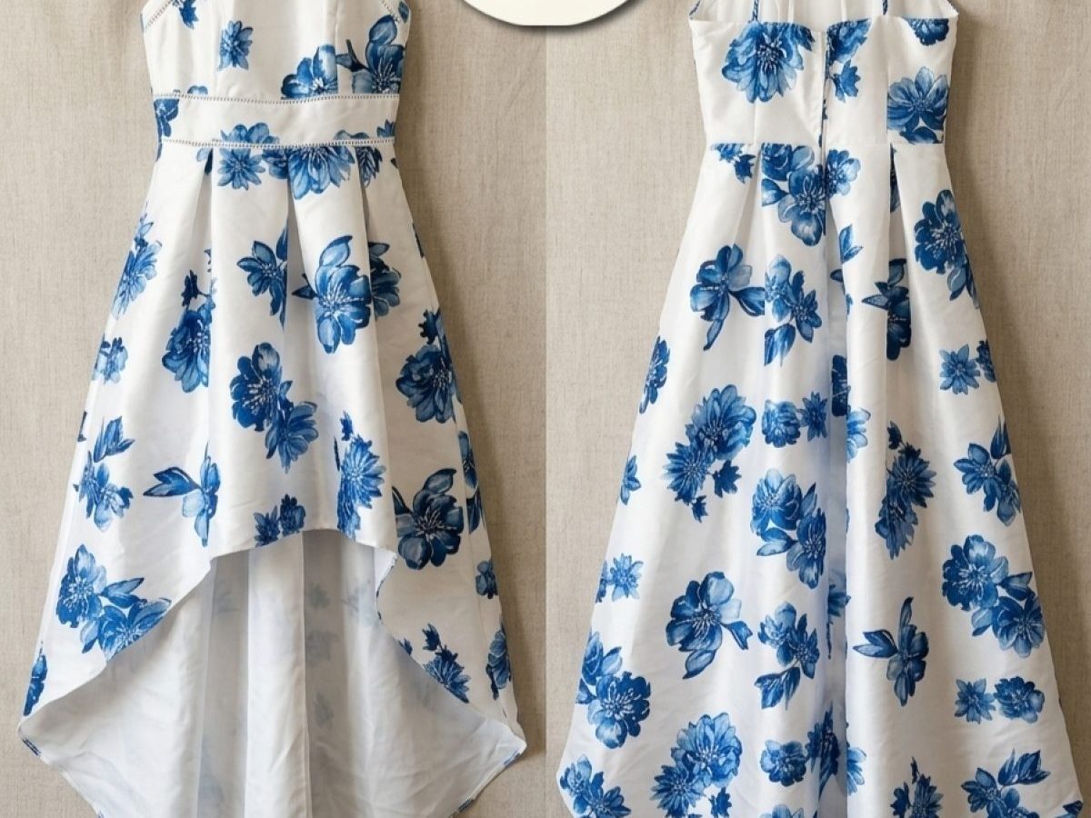 Vestido asimétrico con estampado de flores azules y cuello halter.