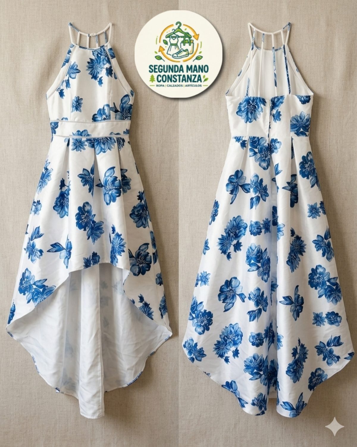 Vestido asimétrico con estampado de flores azules y cuello halter.