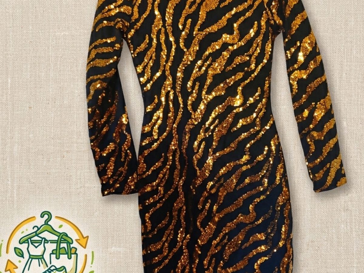 Vestido ceñido negro, S/M, a la rodilla, con bordado de lentejuelas doradas, simulando animal print de cebra.