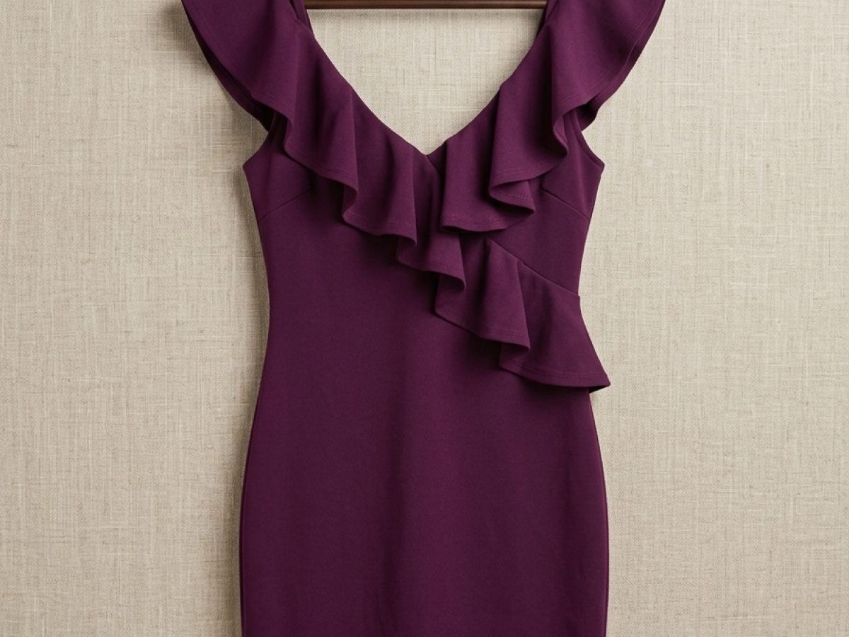 Vestido rojo vino, con volantes en las mangas.