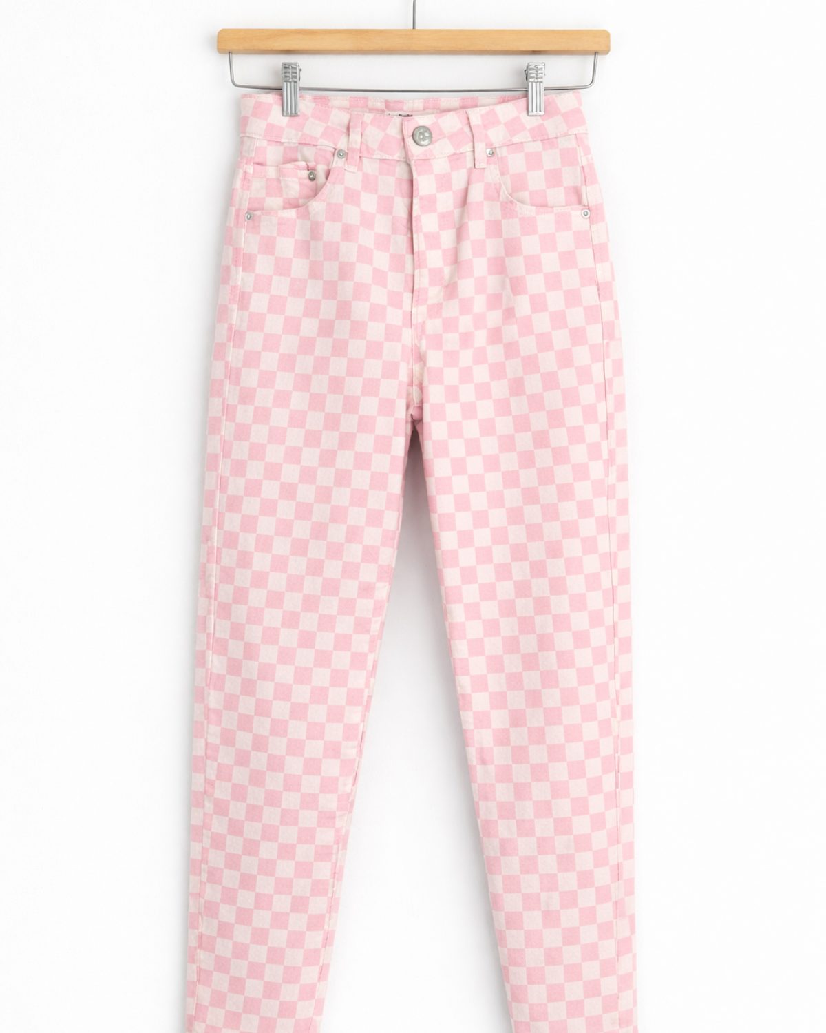 Pantalón de cuadros rosa pastel estilo checker.