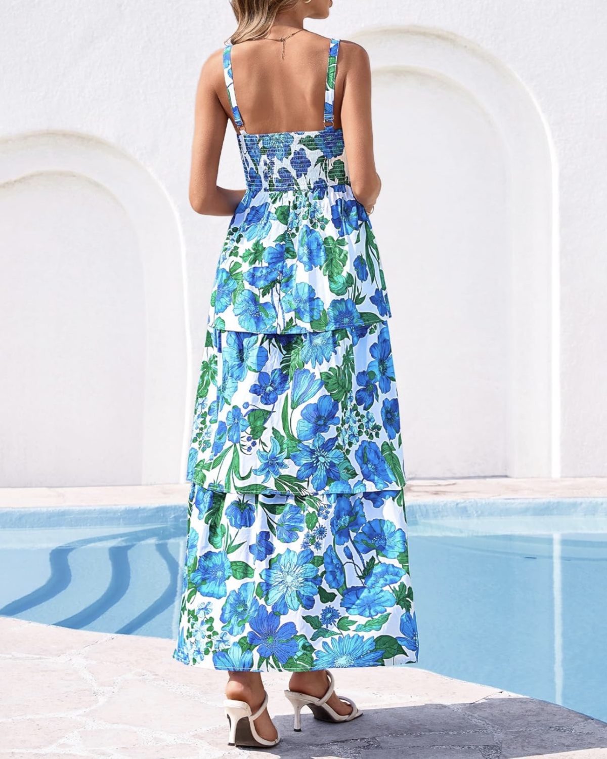 (Nuevo) Vestido largo de mujer con estampado floral en azul y blanco