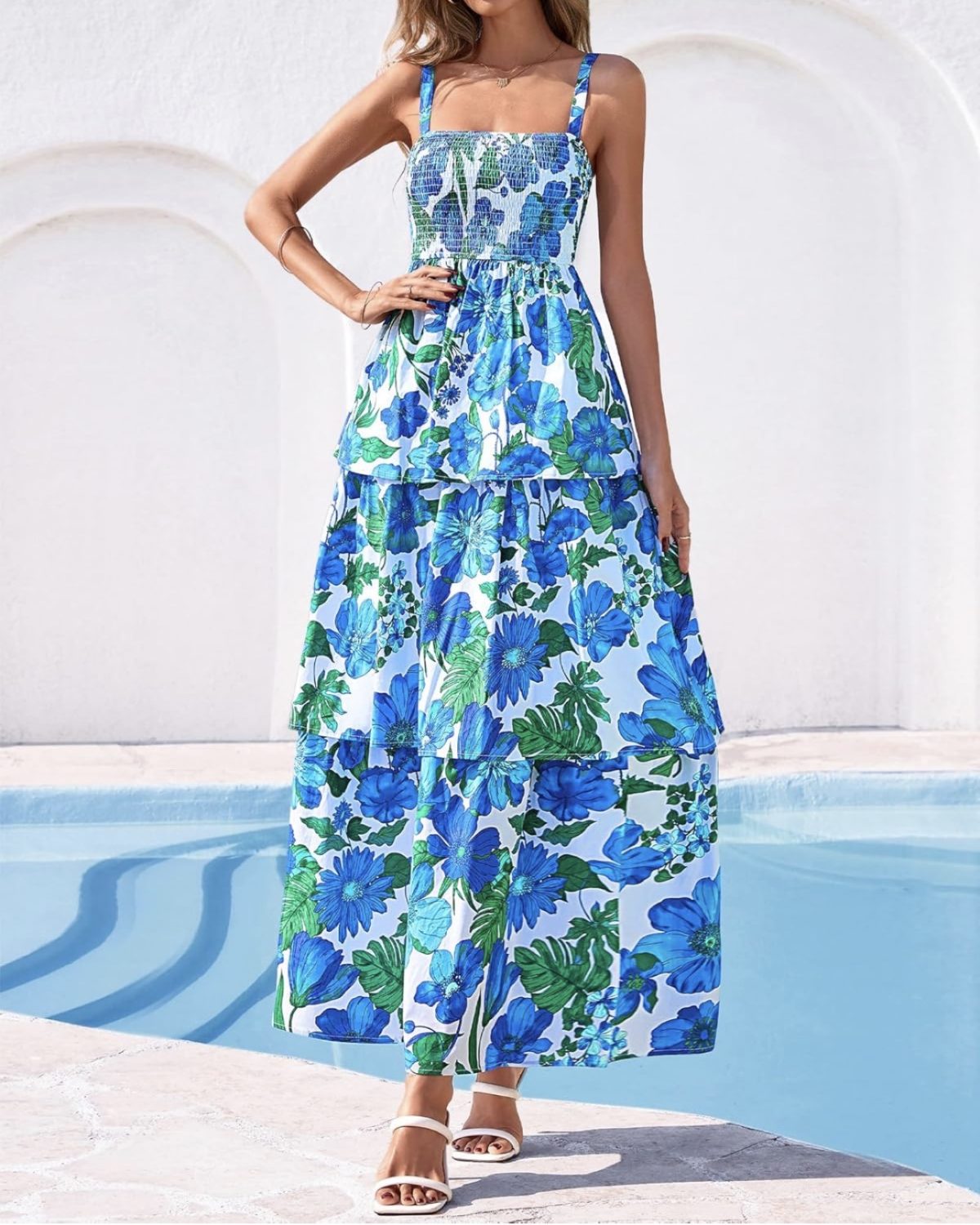 (Nuevo) Vestido largo de mujer con estampado floral en azul y blanco