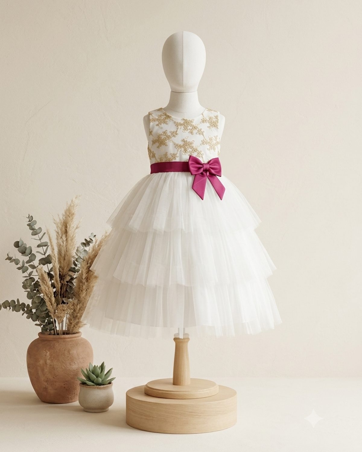 Vestido de niña en blanco con detalles dorados y lazo fucsia
