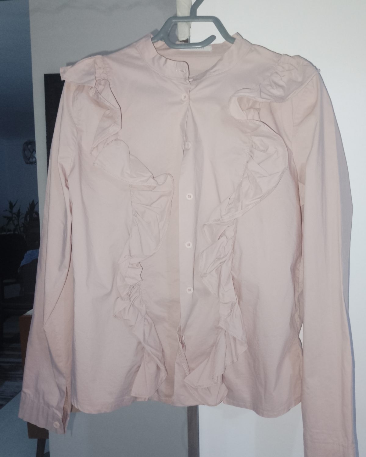 Camisa de satén rosa viejo con volantes para mujer Rosado Claro